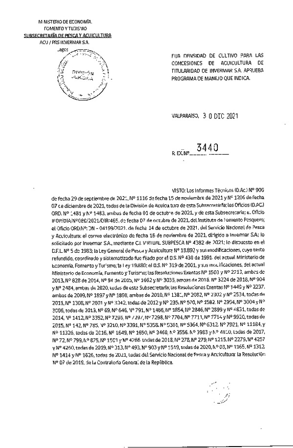 Res. Ex. N° 3440-2021 Fija densidad de cultivo para las concesiones de acuicultura de titularidad de Invermar S.A., Región de Los Lagos y Aysén.(Con Informe Técnico).