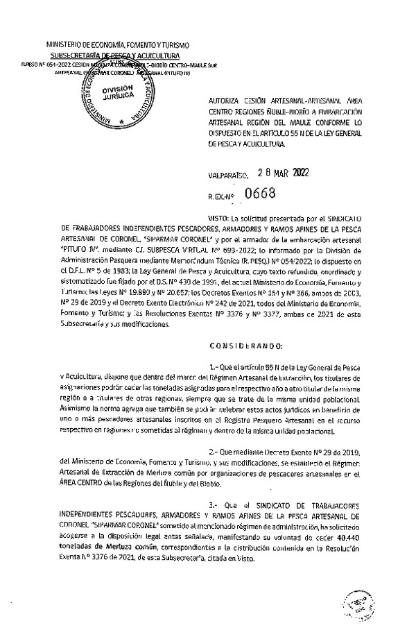 Res. Ex. N° 668-2022 Autoriza Cesión de Merluza Común de Ñuble-Biobío a Región del Maule. (Publicado en Página Web 28-03-2022)