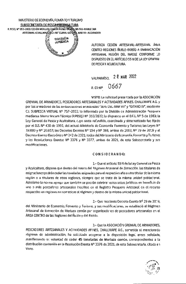 Res. Ex. N° 667-2022 Autoriza Cesión de Merluza Común de Ñuble-Biobío a Región del Maule. (Publicado en Página Web 28-03-2022)