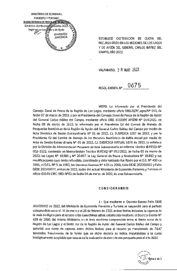 Res. Ex. N° 0675-2022 Establece Distribución de Cuota del Recurso Erizo, en las Regiones de Los Lagos y Aysén del General Carlos Ibañez del Campo, Año 2022. (Publicado en Página Web 28-03-2022)