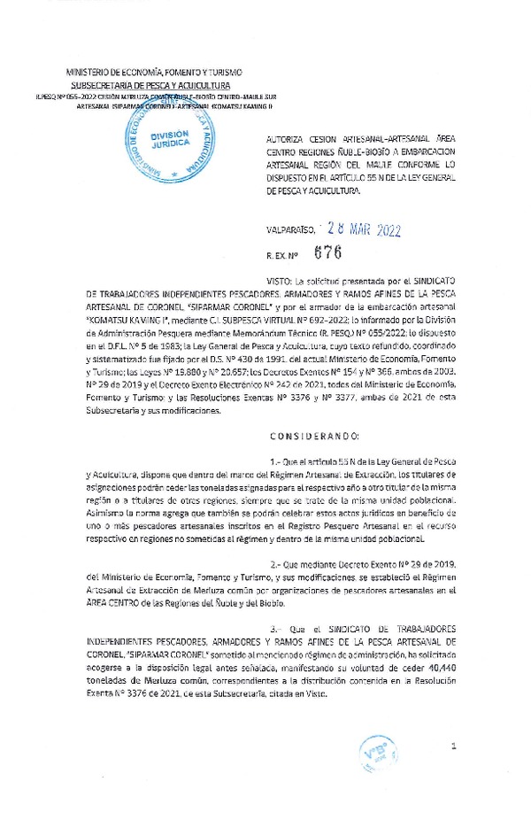 Res. Ex. N° 676-2022 Autoriza Cesión de Merluza Común de Ñuble-Biobío a Región del Maule. (Publicado en Página Web 28-03-2022)