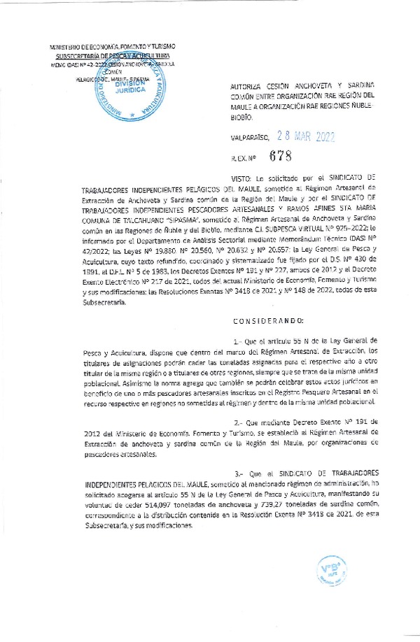 Res. Ex. N° 678-2022 Autoriza Cesión de Anchoveta y sardina común, Región del Maule a Regiones de Ñuble-Biobío. (Publicado en Página Web 28-03-2022)