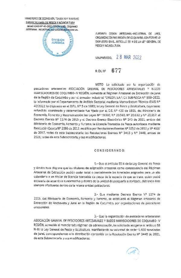 Res Ex N° 677-2022, Autoriza Cesión de Jurel Región de Coquimbo. (Publicado en Página Web 28-03-2022).