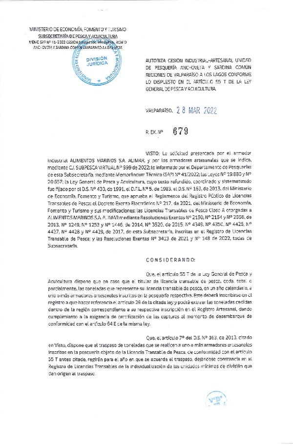 Res. Ex. N° 679-2022, Autoriza Cesión unidad de pesquería Anchoveta y Sardina Común, Regiones Valparaíso a Los Lagos. (Publicado en Página Web 28-03-2022)