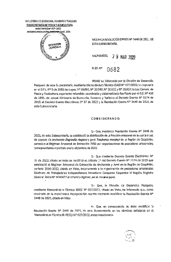 Res. Ex. N° 0682-2022 Modifica Res. Ex. N° 3448-2021 Distribución de la Fracción Artesanal de Pesquería de Anchoveta y Jurel, Región de Coquimbo, Año 2022. (Publicado en Diario Oficial 29-03-2022)