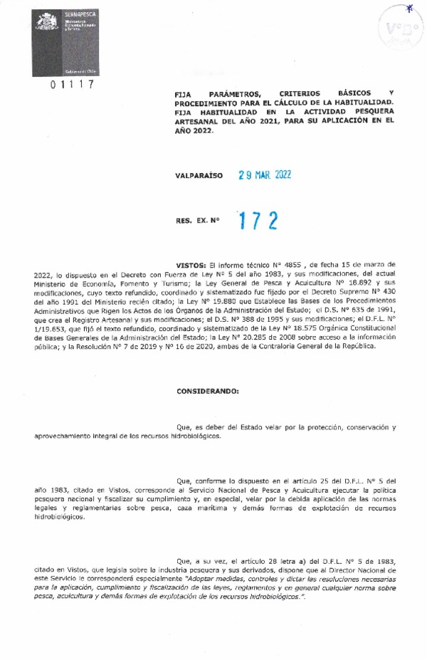 Res. Ex. N° 172-2022 (Sernapesca) Fija parámetros, criterios básicos y procedimiento para el cálculo de la habitualidad. Fija habitualidad en la actividad pesquera artesanal del año 2021, para su aplicación en el año 2022. (Publicado en Página Web 30-03-2022)