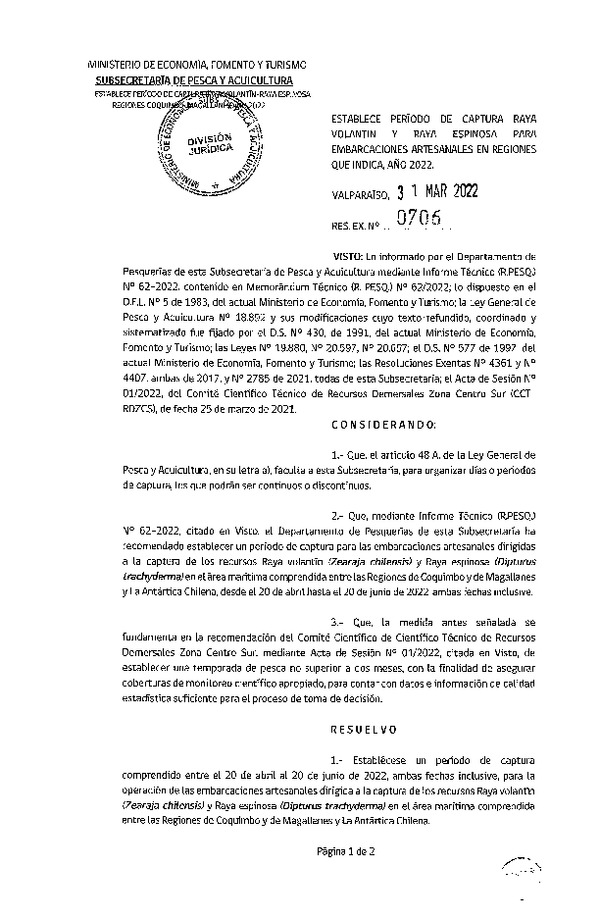 Res. Ex. N° 706-2022 Establece Periodo de Captura para raya Volantín y Raya Espinosa Para Embarcaciones Artesanales, Entre las Regiones de Coquimbo y Magallanes y La Antártica Chilena Año 2022. (Publicado en Página Web 31-03-2022)