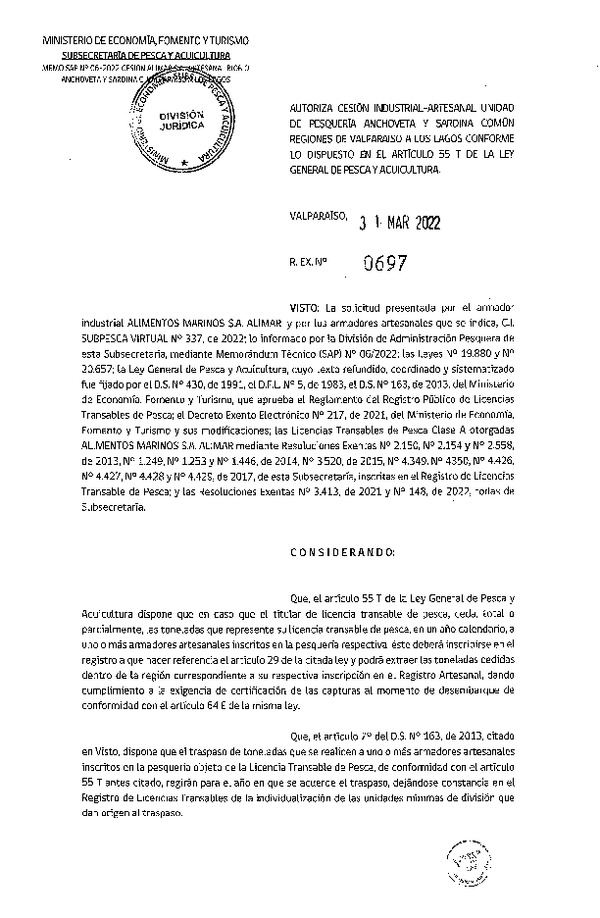 Res. Ex. N° 697-2022, Autoriza Cesión unidad de pesquería Anchoveta y Sardina Común, Regiones Valparaíso a Los Lagos. (Publicado en Página Web 31-03-2022)