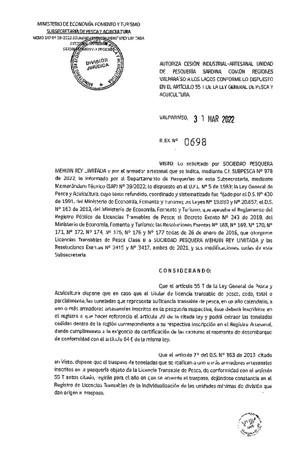 Res. Ex. N° 698-2022, Autoriza Cesión unidad de pesquería Anchoveta y Sardina Común, Regiones Valparaíso a Los Lagos. (Publicado en Página Web 31-03-2022)