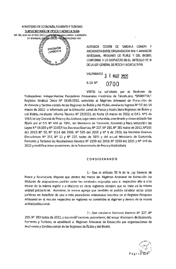 Res. Ex. N° 0700-2022 Autoriza Cesión de Anchoveta y sardina común, Regiones de Ñuble y del Biobío. (Publicado en Página Web 28-03-2022)