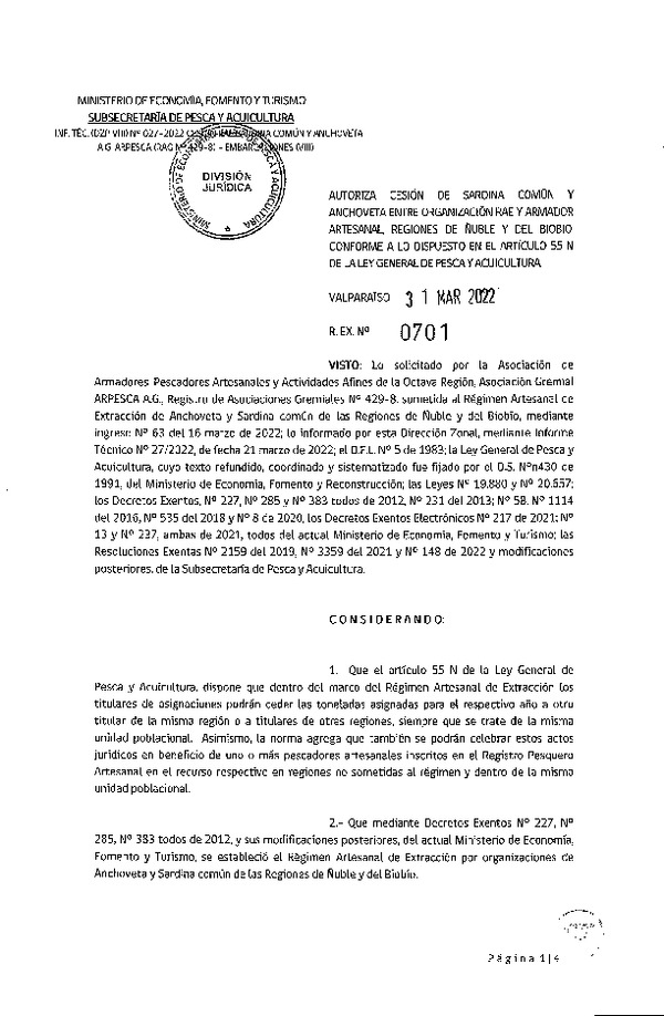 Res. Ex. N° 0701-2022 Autoriza Cesión de Anchoveta y sardina común, Regiones de Ñuble y del Biobío. (Publicado en Página Web 28-03-2022)