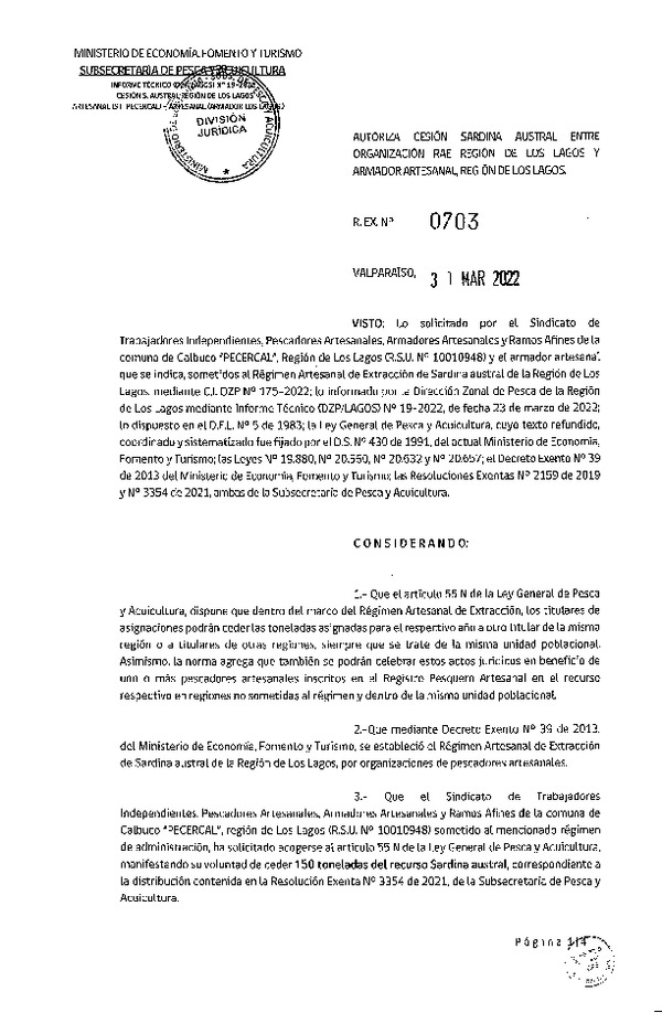Res. Ex. N° 0703-2022 Autoriza Cesión de Sardina Austral, Región de Los Lagos. (Publicado en Página Web 31-03-2022)
