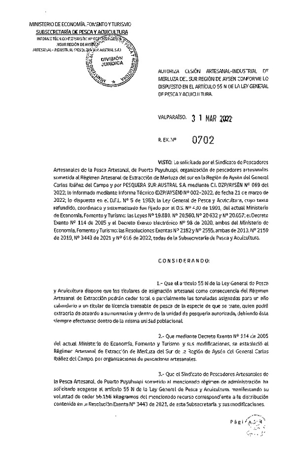 Res. Ex. N° 0702-2022 Autoriza Cesión de Merluza del Sur, Región de Aysén. (Publicado en Página Web 31-03-2022)