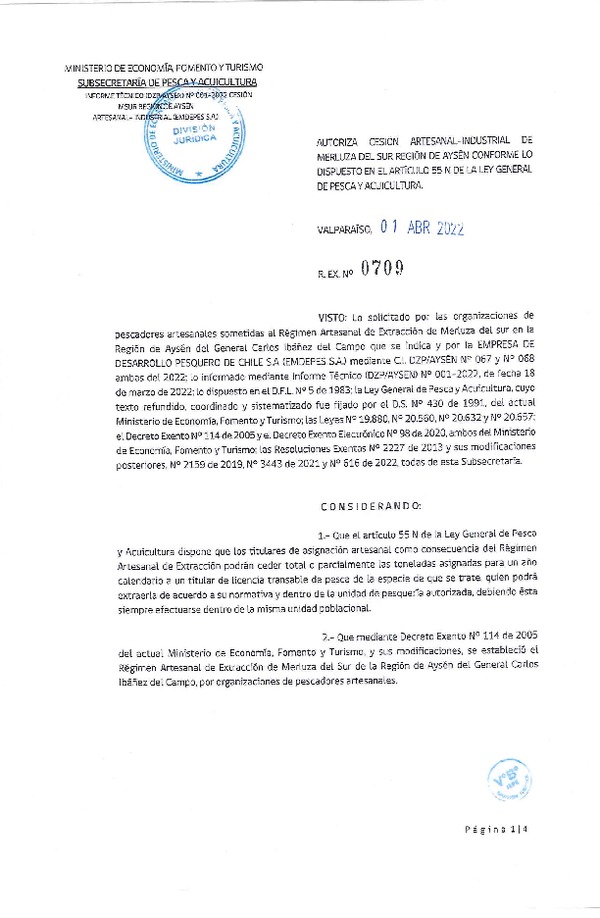 Res. Ex. N° 0709-2022 Autoriza Cesión de Merluza del Sur, Región de Aysén. (Publicado en Página Web 01-04-2022)