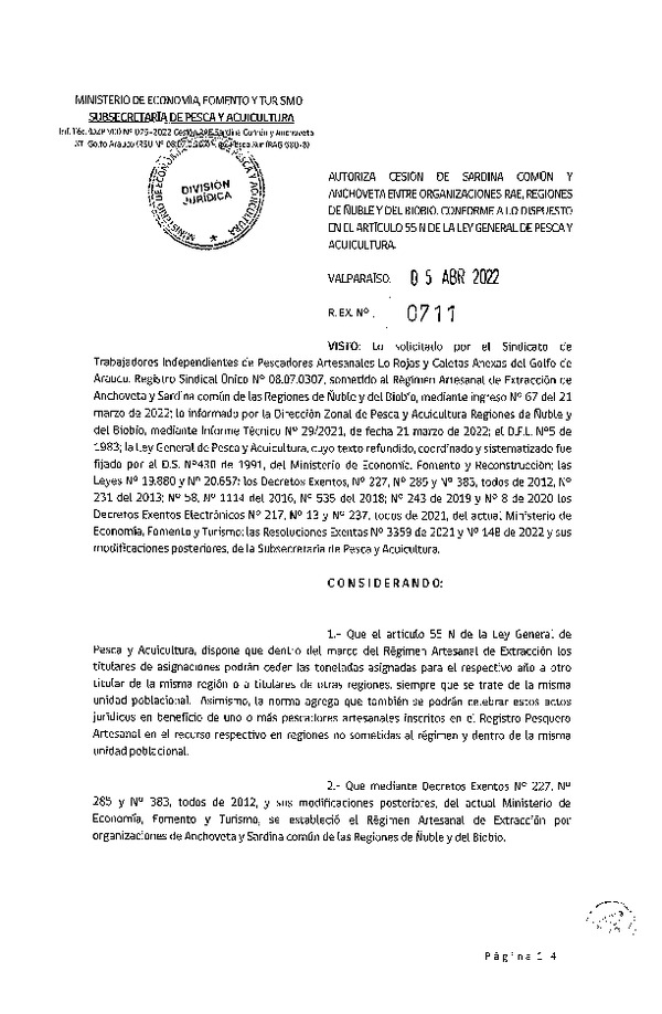 Res. Ex. N° 0711-2022 Autoriza Cesión de Anchoveta y sardina común, Regiones de Ñuble y del Biobío. (Publicado en Página Web 05-04-2022)