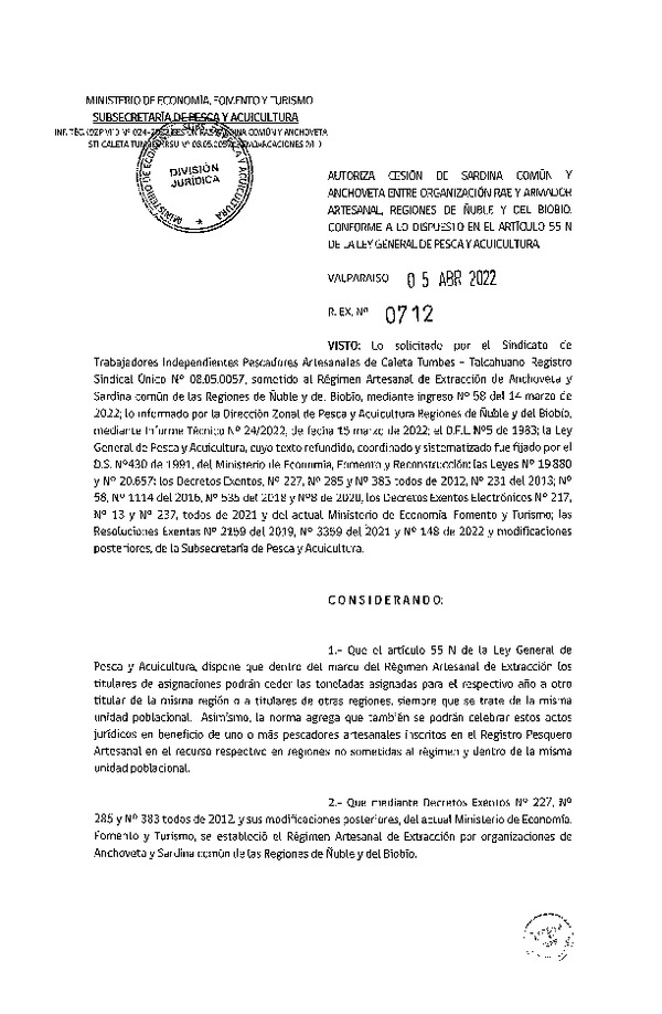 Res. Ex. N° 0712-2022 Autoriza Cesión de Anchoveta y sardina común, Regiones de Ñuble y del Biobío. (Publicado en Página Web 05-04-2022)