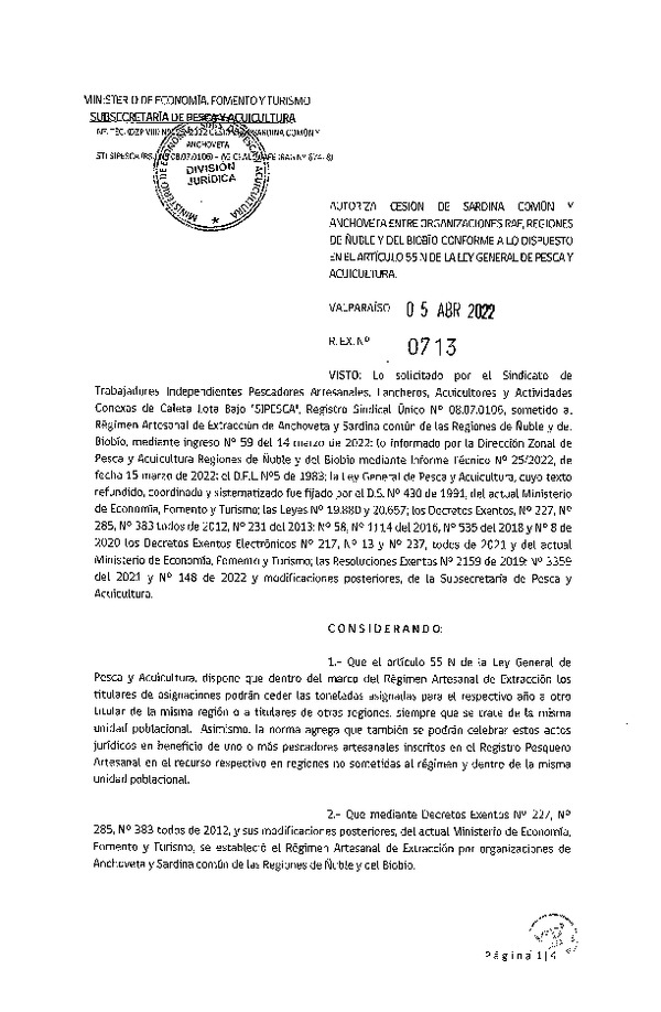 Res. Ex. N° 0713-2022 Autoriza Cesión de Anchoveta y sardina común, Regiones de Ñuble y del Biobío. (Publicado en Página Web 05-04-2022)