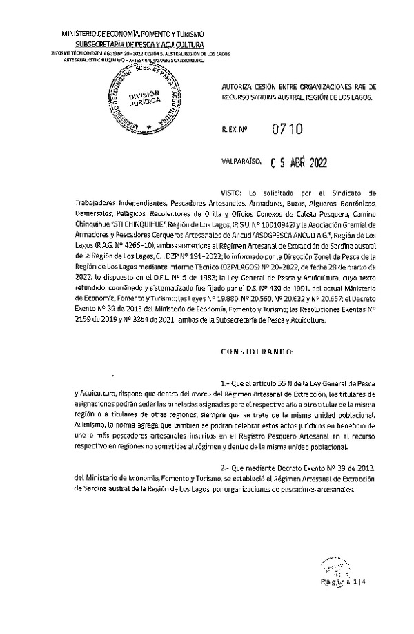 Res. Ex. N° 0710-2022 Autoriza Cesión de Sardina Austral, Región de Los Lagos. (Publicado en Página Web 05-04-2022)