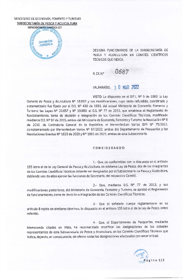 Res. Ex. N° 0687-2022 Designa Funcionarios de la subsecretaría de Pesca y Acuicultura en Comités Científicos Técnicos que Indica. (Publicado en Página Web 07-04-2022)