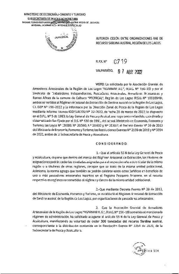 Res. Ex. N° 0719-2022 Autoriza Cesión de Sardina Austral, Región de Los Lagos. (Publicado en Página Web 08-04-2022)
