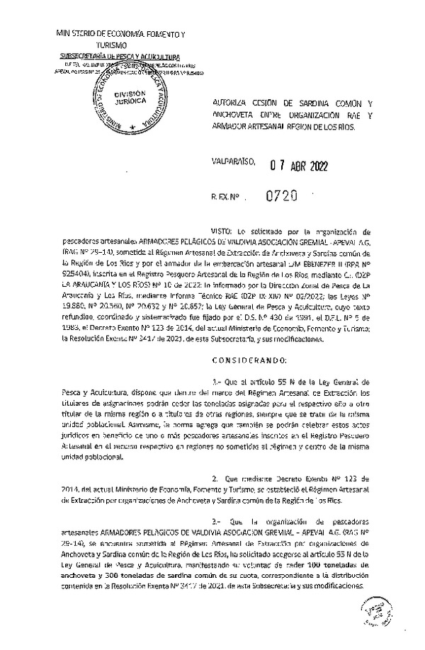 Res. Ex. N° 0720-2022 Autoriza cesión Anchoveta y Sardina común, Región de Los Ríos. (Publicado en Página Web 08-04-2022)