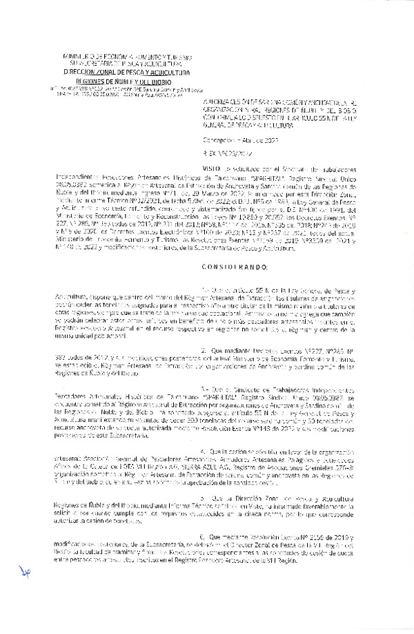 Res. Ex. N° 023-2022 (DZP Ñuble y del Biobío) Autoriza cesión Sardina común y Anchoveta. (Publicado en Página Web 08-04-2022)