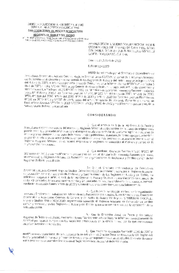 Res. Ex. N° 024-2022 (DZP Ñuble y del Biobío) Autoriza cesión Sardina común y Anchoveta. (Publicado en Página Web 08-04-2022)