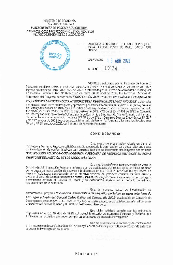 Res. Ex. N° 0724-2022 PROSPECCIÓN ACÚSTICA - OCEANOGRÁFICA Y PESQUERA DE PEQUEÑOS PELAGICOS EN AGUAS INTERIORES DE LA REGIÓN DE LOS LAGOS, AÑO 2022. (Publicado en Página Web 13-04-2022)