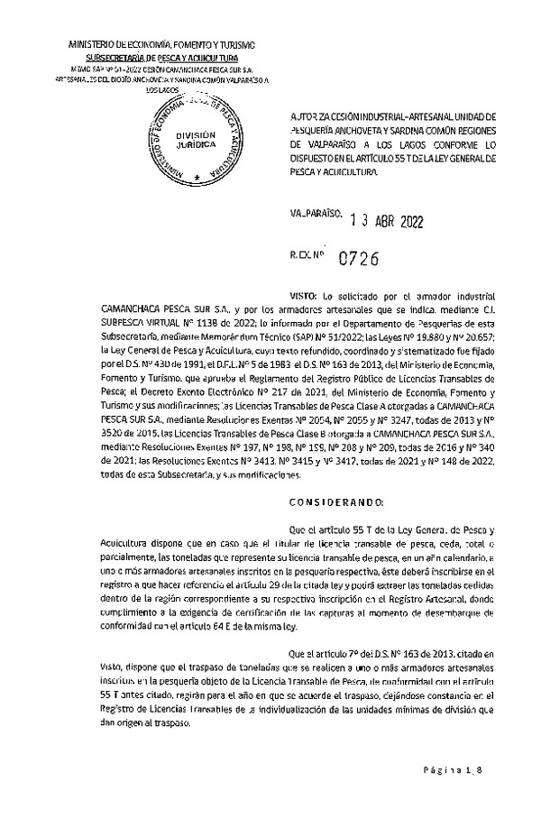 Res. Ex. N° 0726-2022, Autoriza Cesión unidad de pesquería Anchoveta y Sardina Común, Regiones Valparaíso a Los Lagos. (Publicado en Página Web 13-04-2022)