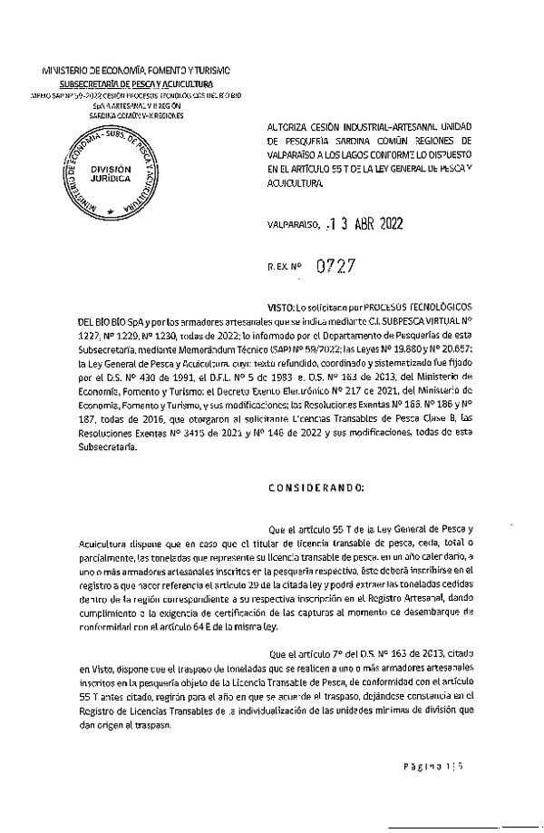 Res. Ex. N° 0727-2022, Autoriza Cesión unidad de pesquería Sardina Común, Regiones Valparaíso a Los Lagos. (Publicado en Página Web 13-04-2022)