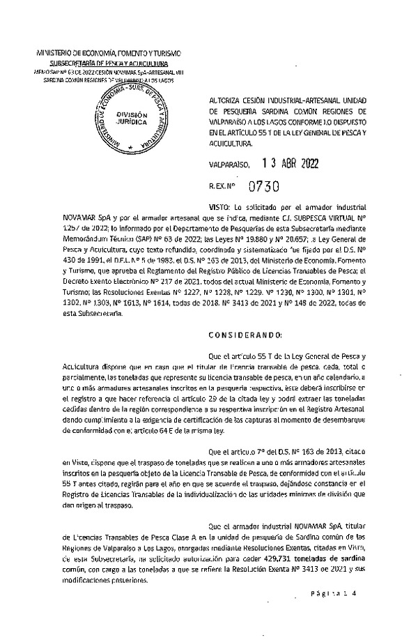 Res. Ex. N° 0730-2022, Autoriza Cesión unidad de pesquería Sardina Común, Regiones Valparaíso a Los Lagos. (Publicado en Página Web 13-04-2022)