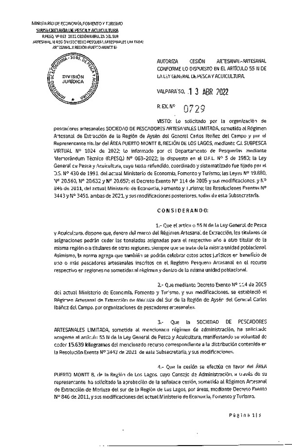 Res. Ex. N° 0729-2022 Autoriza Cesión de Merluza del sur Regiones Aysén a Los Lagos. (Publicado en Página Web 13-04-2022).