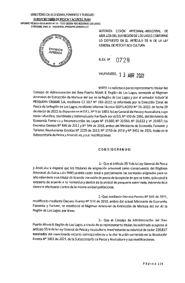 Res. Ex. N° 0728-2022 Autoriza Cesión de Merluza del Sur, Región de Los Lagos. (Publicado en Página Web 13-04-2022)