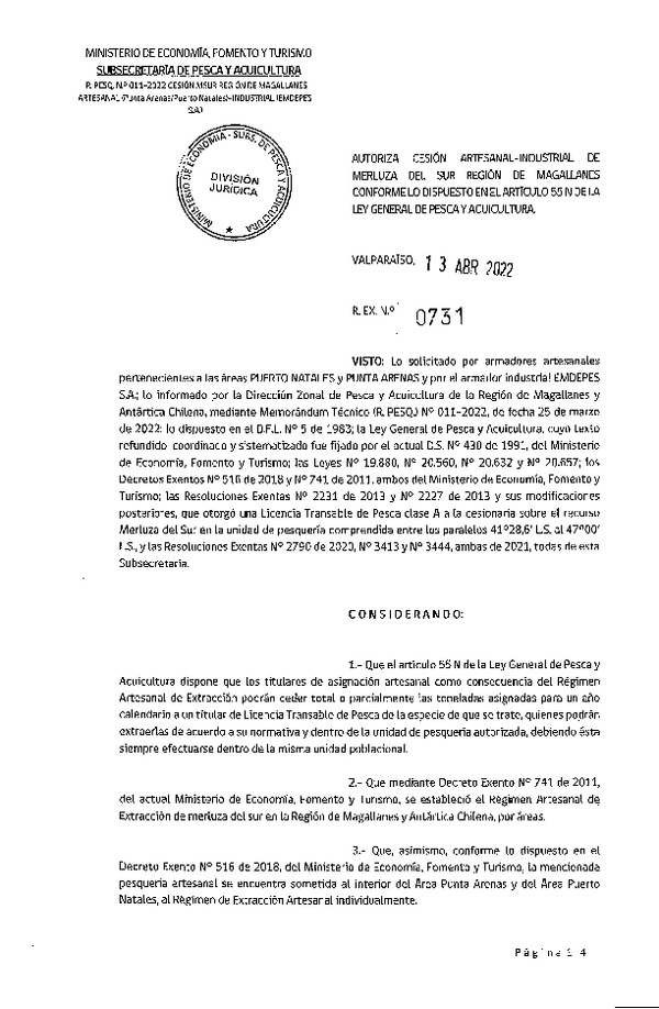 Res. Ex. N° 0731-2022 Autoriza Cesión de Merluza del Sur, Región de Magallanes. (Publicado en Página Web 13-04-2022)