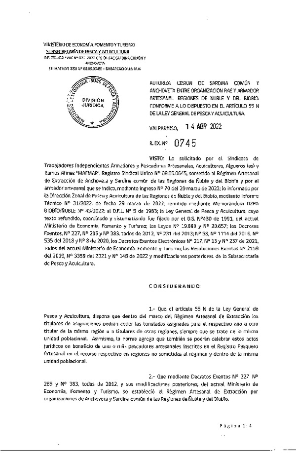 Res. Ex. N° 0745-2022 Autoriza Cesión de Anchoveta y sardina común, Regiones de Ñuble y del Biobío. (Publicado en Página Web 14-04-2022)