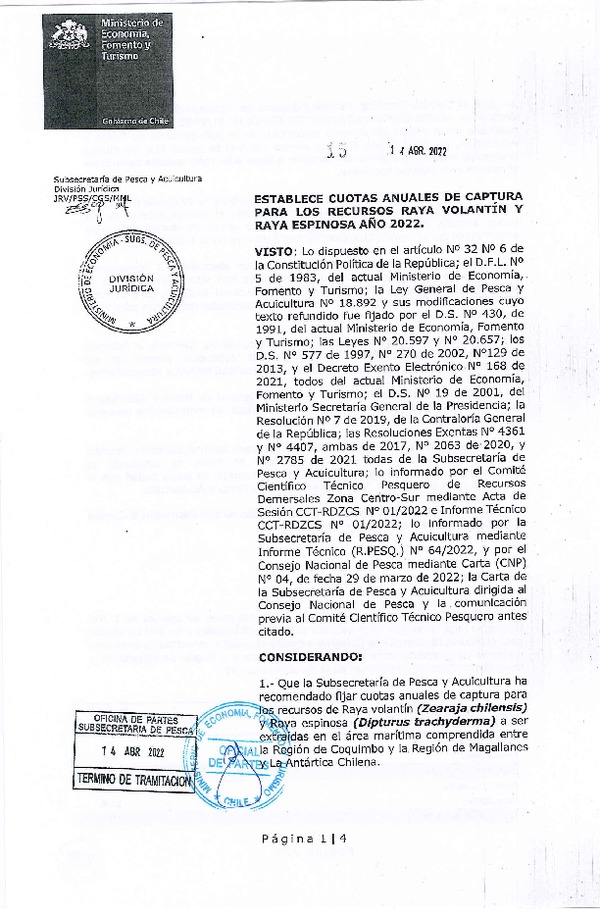 Dec. Ex. N° 15-2022 Establece Cuotas Anuales de Captura para los Recursos Raya Volantín y Raya Espinosa Año 2022. (Publicado en Página Web 18-04-2022)