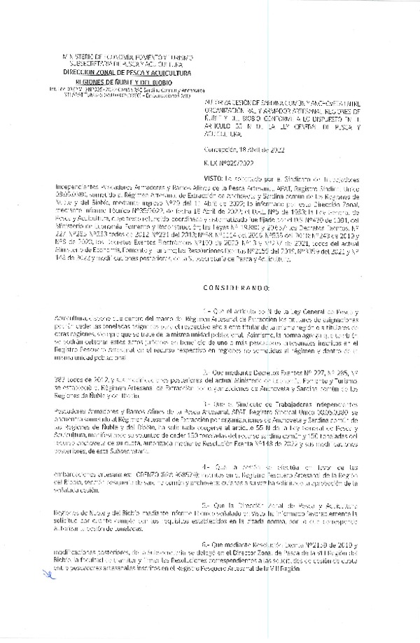 Res. Ex. N° 029-2022 (DZP Ñuble y del Biobío) Autoriza cesión Sardina común y Anchoveta. (Publicado en Página Web 18-04-2022)
