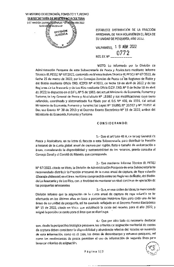 Res. Ex. N° 0772-2022 Establece Distribución de la Fracción Artesanal de Raya Volatín en el Área de su Unidad de Pesquerías, Año 2022. (Publicado en Página Web 19-04-2022)