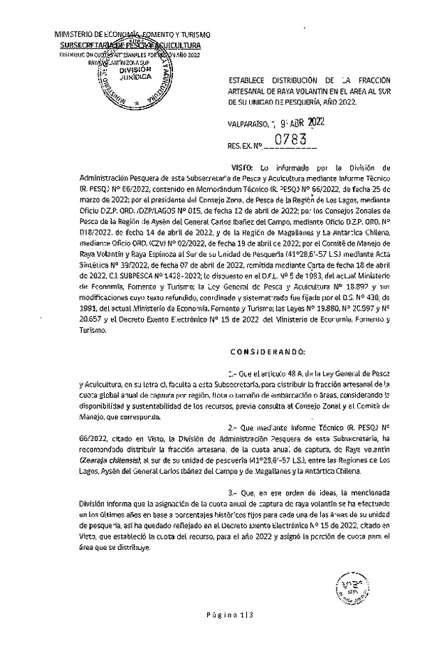 Res. Ex. N° 0783-2022 Establece Distribución de la Fracción Artesanal de Raya Volatín en el Área Sur de su Unidad de Pesquerías, Año 2022. (Publicado en Página Web 19-04-2022)