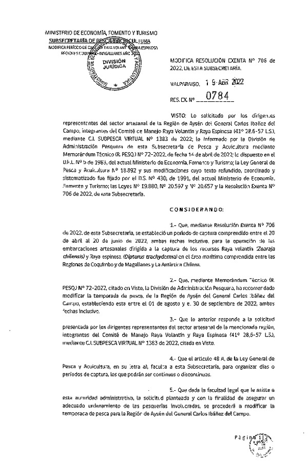 Res. Ex. N° 0784-2022 Modifica Resolución Exenta N°706 de 2022, de esta Subsecretaría. (Publicado en Página Web 19-04-2022)