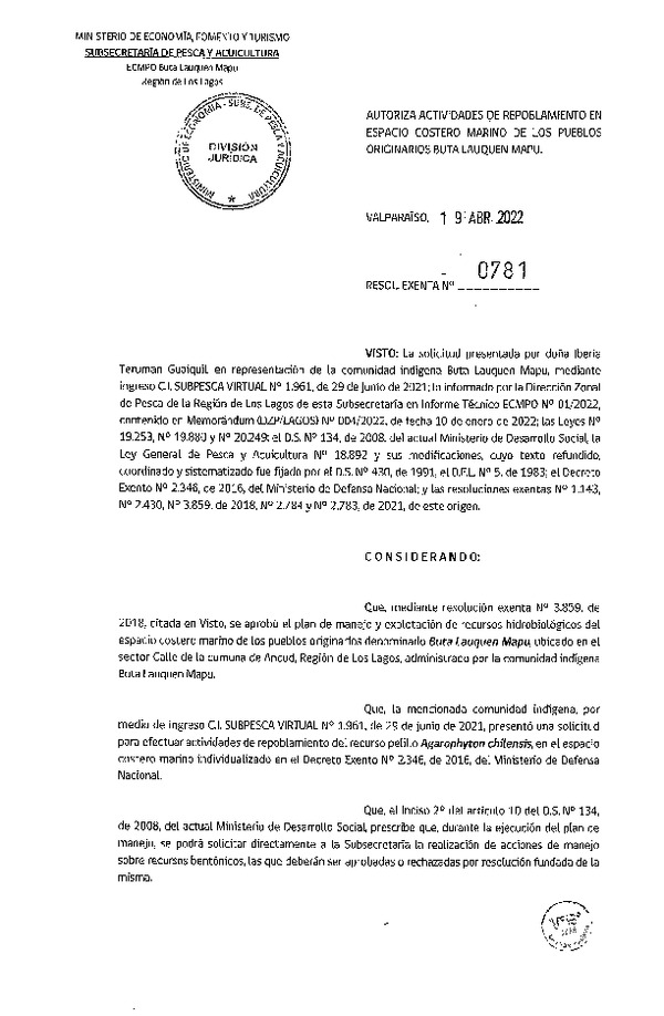 Res. Ex. N° 0781-2022 Autoriza Actividades de Repoblamiento en ECMPO Buta Lauquen Mapu. (Publicado en Página Web 20-04-2022)