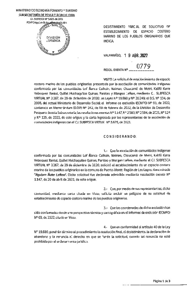 Res. Ex. N° 0779-2022 Desistimiento Parcial de Solicitud de Establecimiento de ECMPO Ngulam Ñuke Lafken. (Publicado en Página Web 20-04-2022)