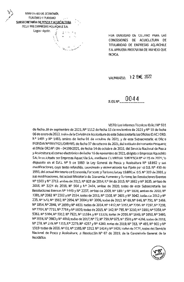 Res. Ex. N° 0044-2022 Fija densidad de cultivo para las concesiones de acuicultura de titularidad de Empresas Aquachile S.A. (Con Informe Técnico) (Publicado en Página Web 12-01-2022).