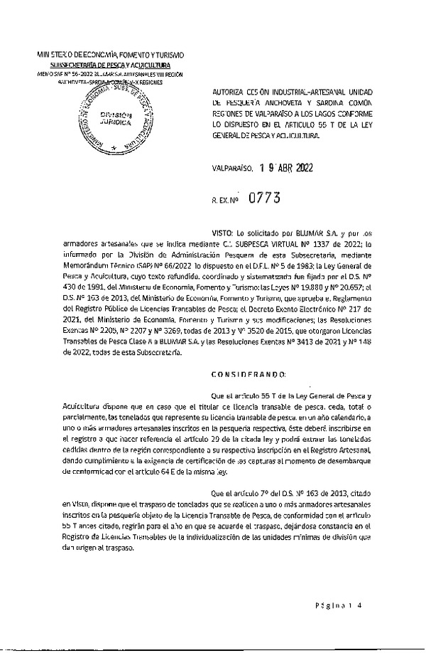 Res. Ex. N° 0773-2022, Autoriza Cesión unidad de pesquería Sardina Común, Regiones Valparaíso a Los Lagos. (Publicado en Página Web 20-04-2022)