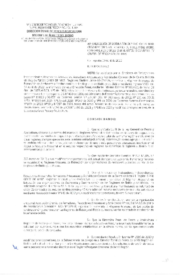 Res. Ex. N° 032-2022 (DZP Ñuble y del Biobío) Autoriza cesión Sardina común y Anchoveta. (Publicado en Página Web 20-04-2022)