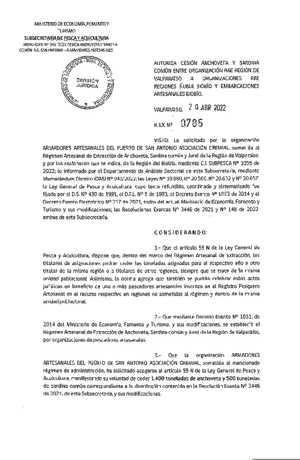 Res. Ex. N° 0785-2022 Autoriza Cesión de Anchoveta y sardina común, Regiones de Valparaíso a de Ñuble y del Biobío. (Publicado en Página Web 20-04-2022)