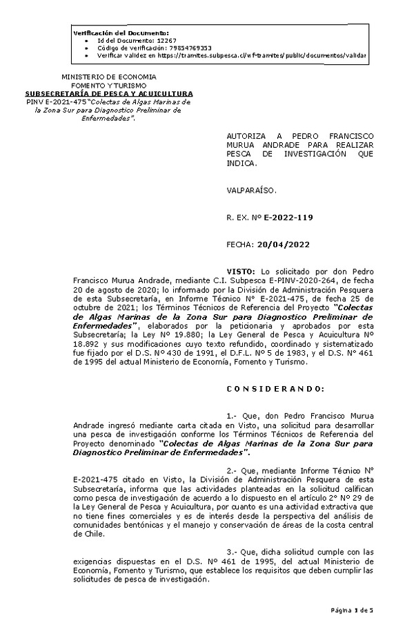 R. EX. Nº E-2022-119 Colectas de Algas Marinas de la Zona Sur para Diagnostico Preliminar de Enfermedades. (Publicado en Página Web 20-04-2022)