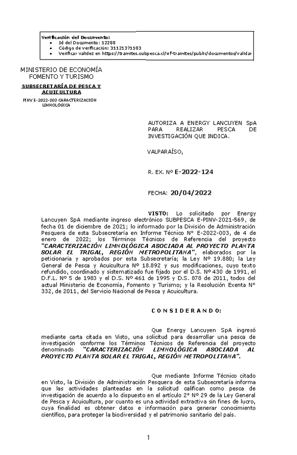 R. EX. Nº E-2022-124 CARACTERIZACIÓN LIMNOLÓGICA ASOCIADA AL PROYECTO PLANTA SOLAR EL TRIGAL, REGIÓN METROPOLITANA. (Publicado en Página Web 20-04-2022)