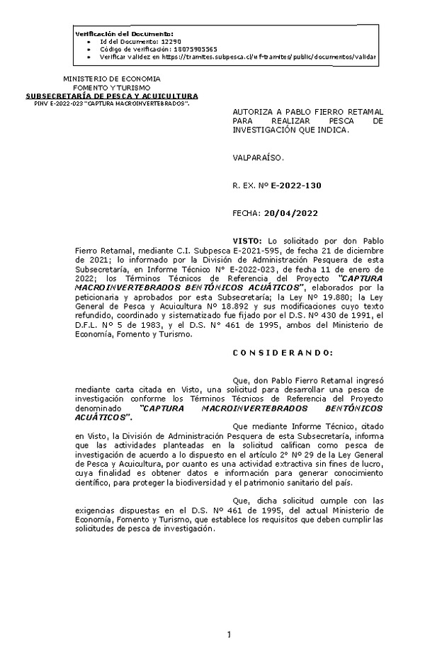 R. EX. Nº E-2022-130 CAPTURA MACROINVERTEBRADOS BENTÓNICOS ACUÁTICOS. (Publicado en Página Web 21-04-2022)