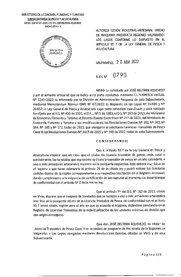 Res. Ex. N° 0790-2022, Autoriza Cesión unidad de pesquería Anchoveta, Regiones Valparaíso a Los Lagos. (Publicado en Página Web 21-04-2022)